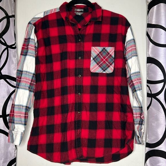 Eddie Bauer Womens M Plaid Flannel Shirt Patchwork Button Front Long Sleeve Top - Picture 1 of 11